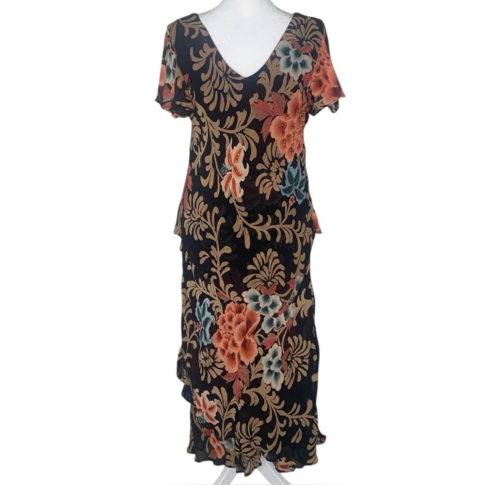 Lola P. Y2K Floral Beaded Tiered Crepe Chiffon Dress M Whimsigoth Fairy Romance